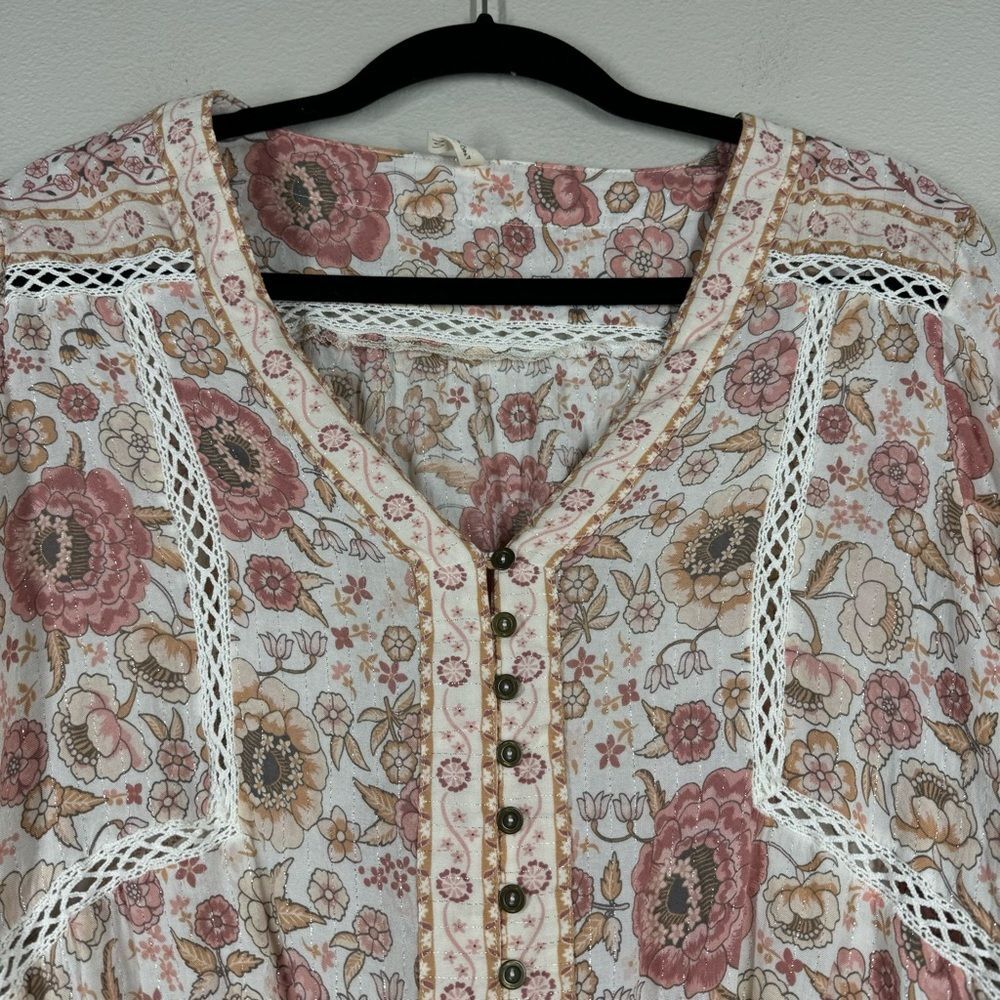 Spell And The Gypsy Long Sleeve Zahara Blouse Top Floral Metallic Tassel Medium - Picture 3 of 11